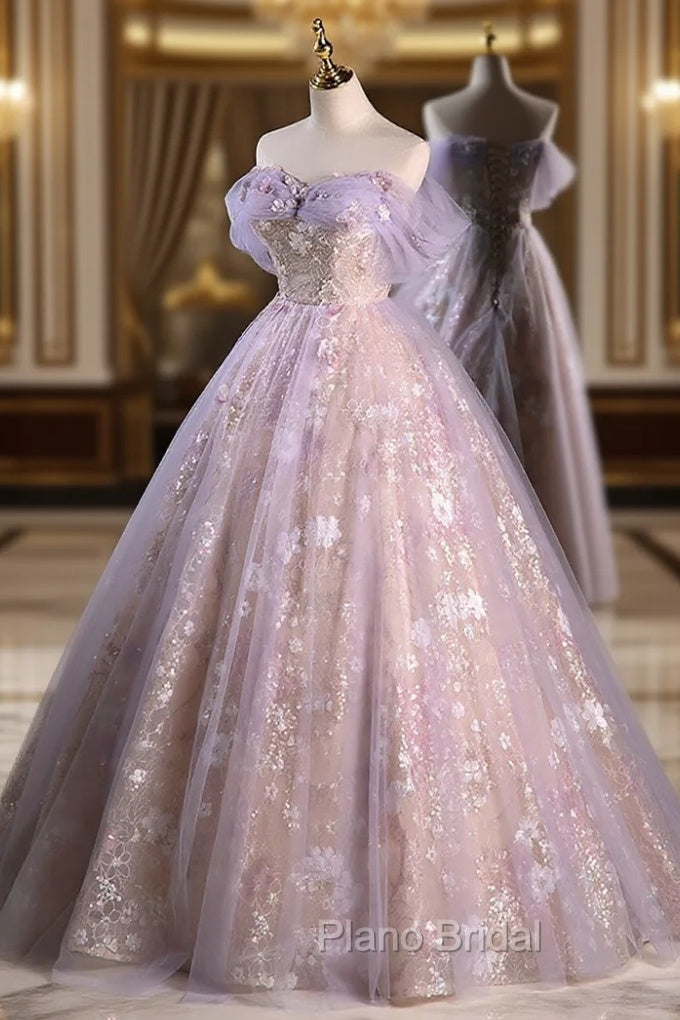 A-Line Off Shoulder Tulle Lace Purple Long Formal Prom Dresses, Purple Formal Dresses Main image