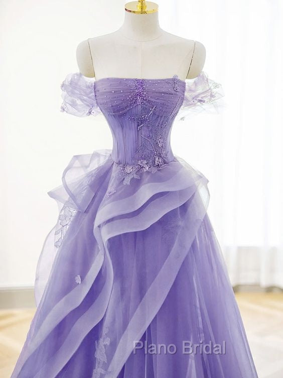 A-Line Off Shoulder Tulle Lace Purple Long Formal Prom Dresses, Purple Lace Long Formal Dresses Secondary image
