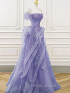 A-Line Off Shoulder Tulle Lace Purple Long Formal Prom Dresses, Purple Lace Long Formal Dresses