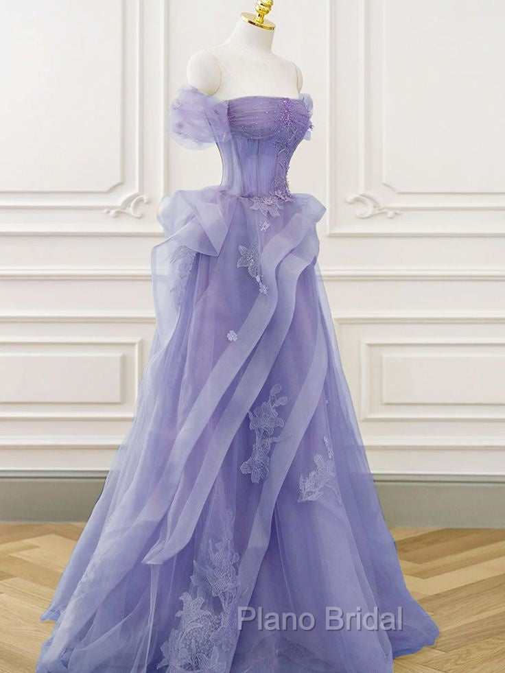 A-Line Off Shoulder Tulle Lace Purple Long Formal Prom Dresses, Purple Lace Long Formal Dresses