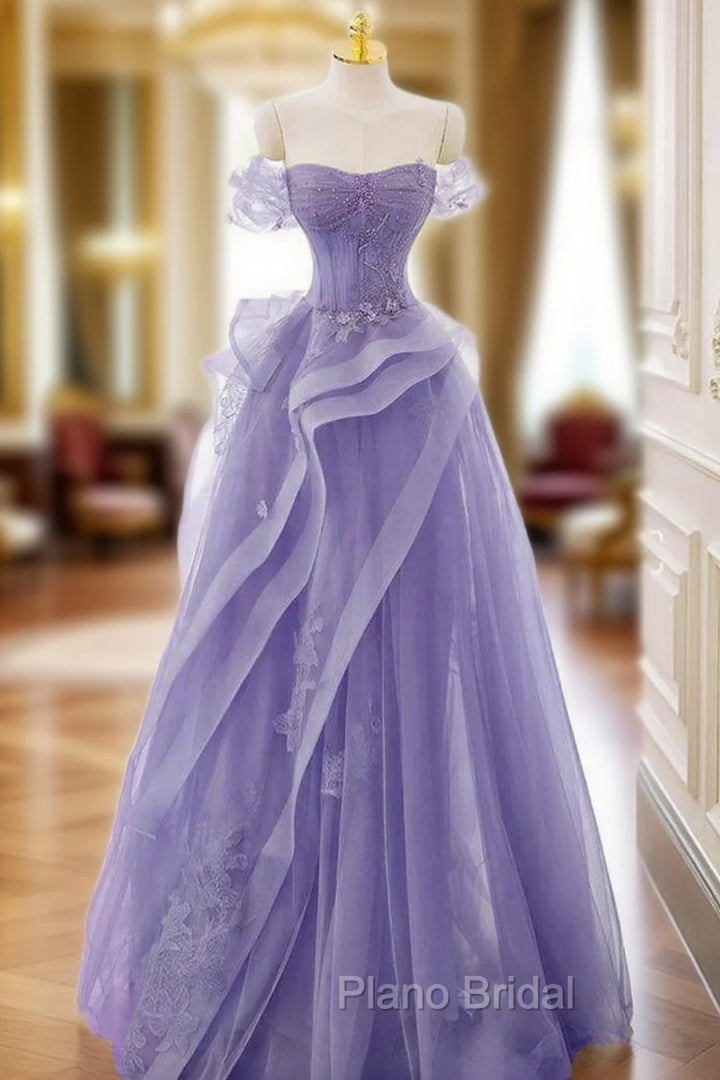 A-Line Off Shoulder Tulle Lace Purple Long Formal Prom Dresses, Purple Lace Long Formal Dresses Main image