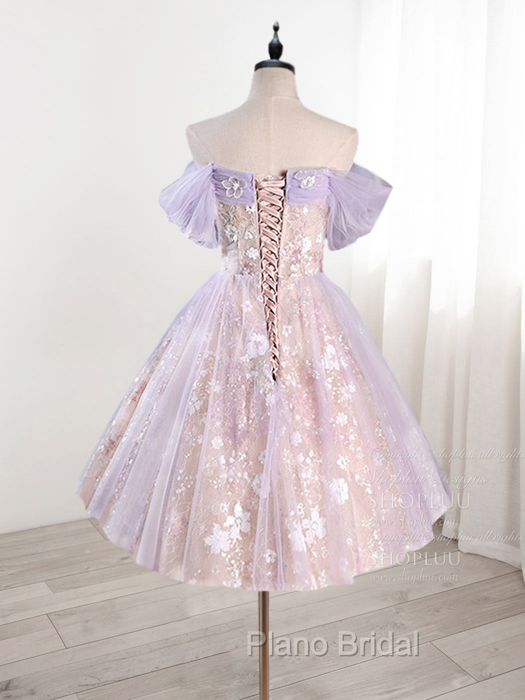 A-Line Off Shoulder Tulle Lace Purple Short Formal Prom Dresses, Cute Purple Homecoming Dresses Secondary image