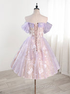 A-Line Off Shoulder Tulle Lace Purple Short Formal Prom Dresses, Cute Purple Homecoming Dresses