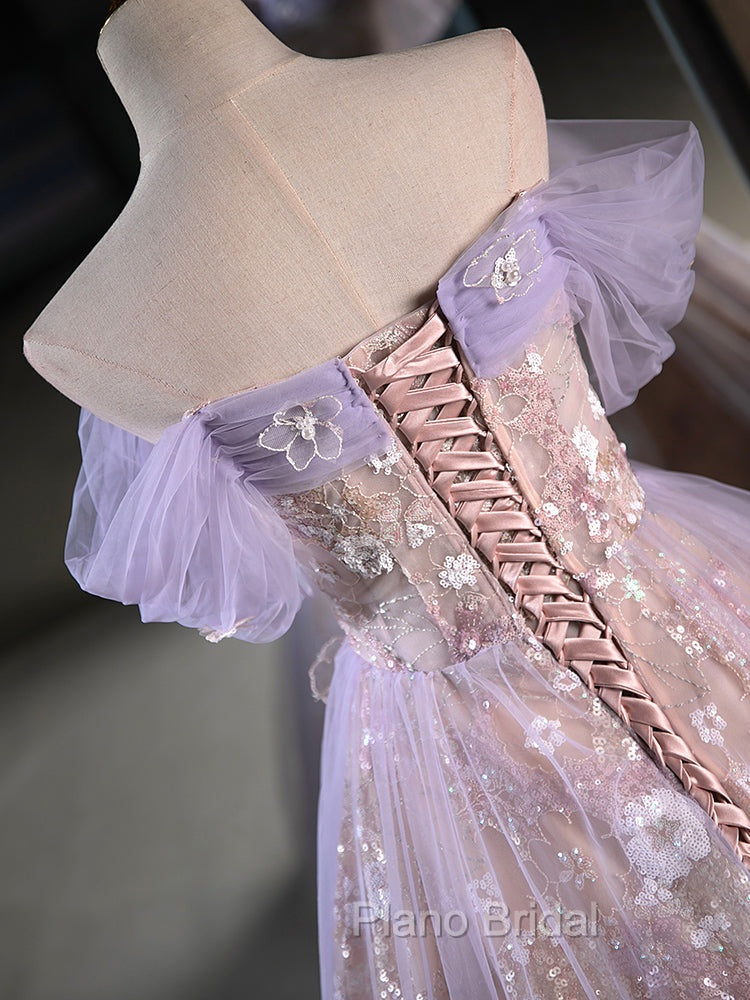 A-Line Off Shoulder Tulle Lace Purple Short Formal Prom Dresses, Cute Purple Homecoming Dresses