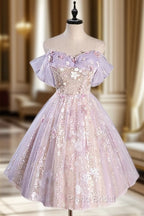 A-Line Off Shoulder Tulle Lace Purple Short Formal Prom Dresses, Cute Purple Homecoming Dresses