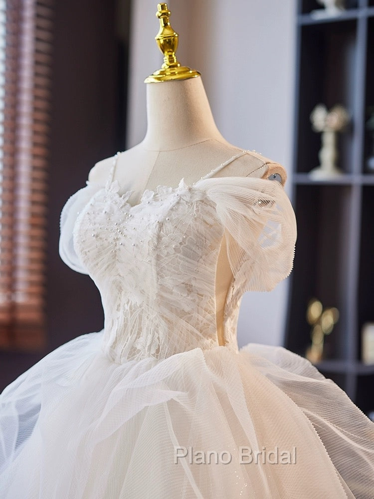 A-Line Off Shoulder Tulle Lace Short Formal Prom Dresses, White Homecoming Dresses Secondary image