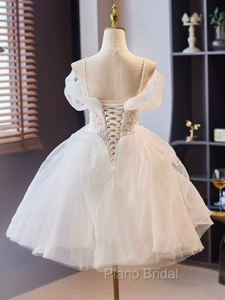A-Line Off Shoulder Tulle Lace Short Formal Prom Dresses, White Homecoming Dresses