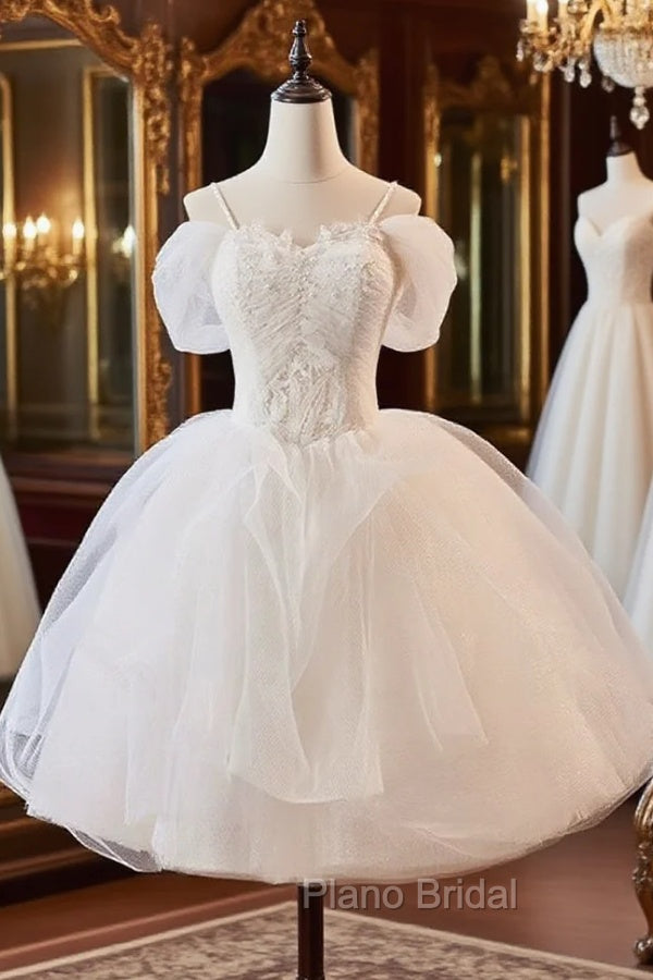 A-Line Off Shoulder Tulle Lace Short Formal Prom Dresses, White Homecoming Dresses Main image