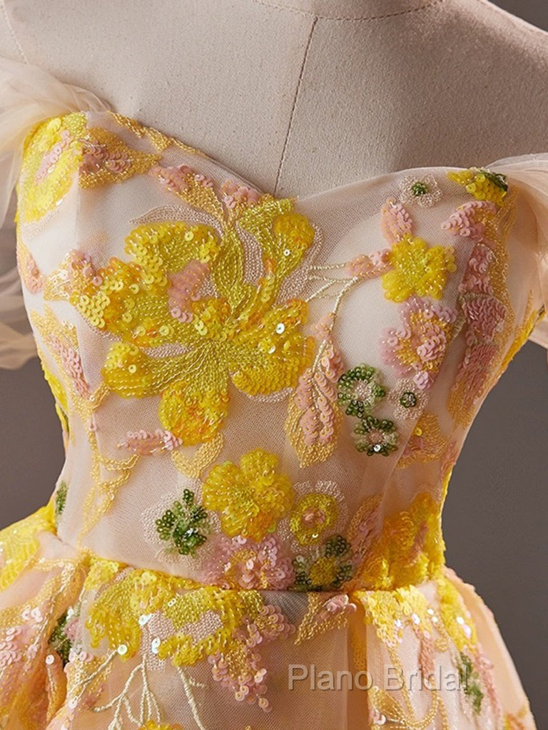 A-Line Off Shoulder Tulle Lace Short Yellow Formal Prom Dresses, Yellow Homecoming Dresses