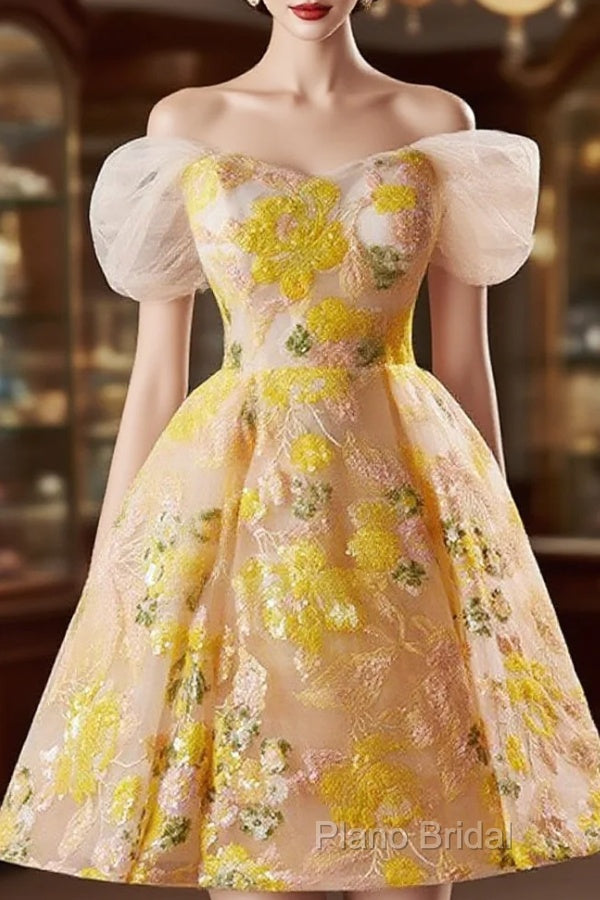 A-Line Off Shoulder Tulle Lace Short Yellow Formal Prom Dresses, Yellow Homecoming Dresses Main image