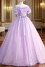 A-Line Off Shoulder Tulle Lavender Long Formal Prom Dresses