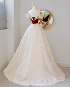 A-Line Off Shoulder Tulle Light Champagne Long Formal Prom Dresses, Light Champagne Formal Dresses