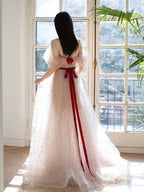 A-Line Off Shoulder Tulle Light Pink Long Prom Dress, Long Formal Dress