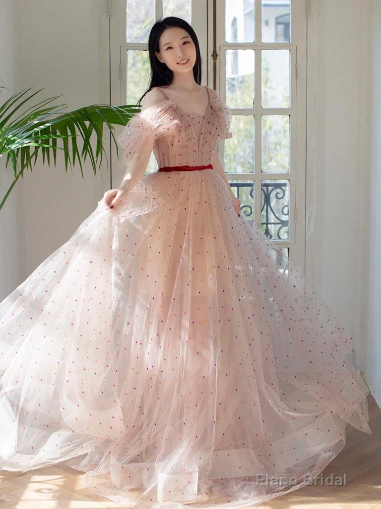 A-Line Off Shoulder Tulle Light Pink Long Prom Dress, Long Formal Dress Main image