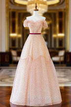 A-Line Off Shoulder Tulle Long Formal Prom Dresses, Champagne Formal Dresses