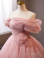 A-Line Off Shoulder Tulle Pink Long Formal Prom Dresses, Pink Long Formal Dresses