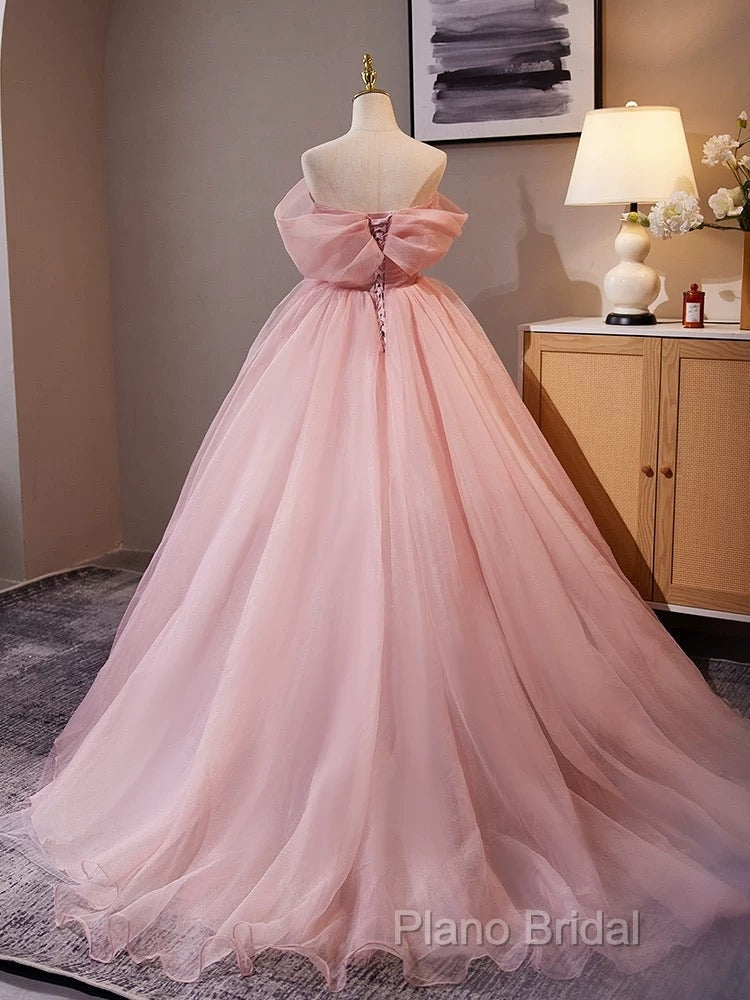A-Line Off Shoulder Tulle Pink Long Formal Prom Dresses, Pink Long Formal Dresses