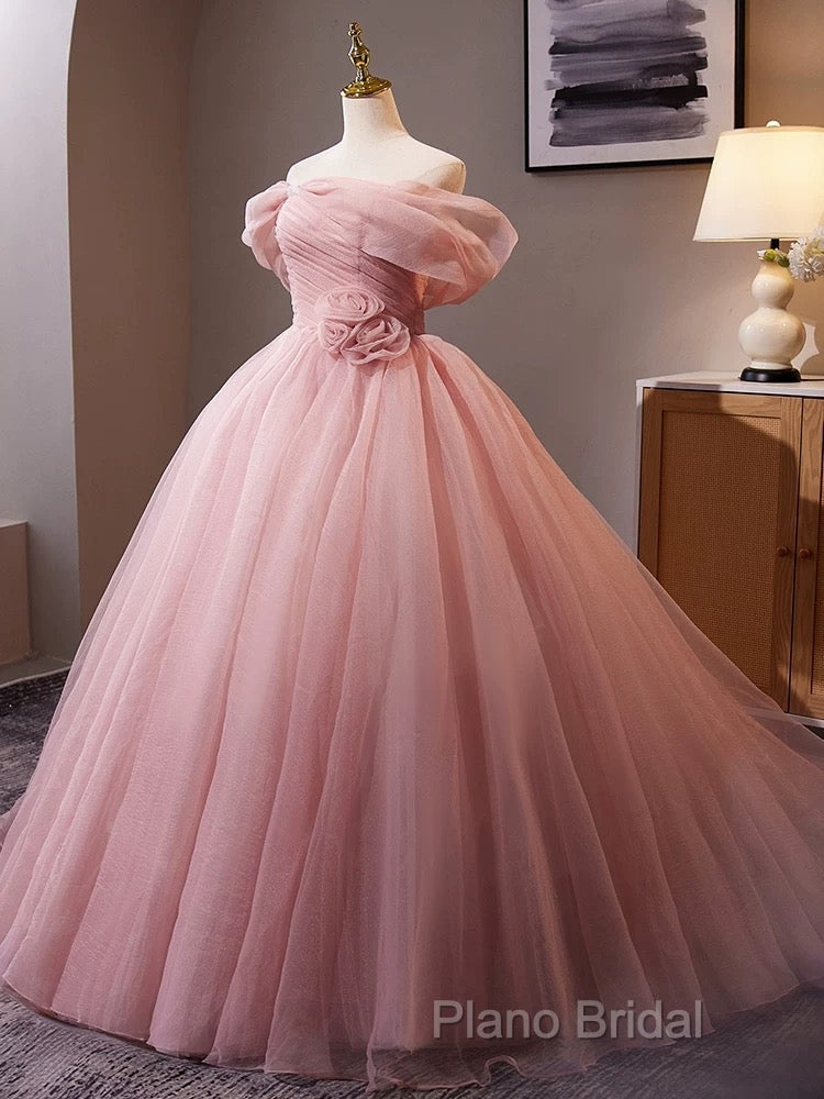 A-Line Off Shoulder Tulle Pink Long Formal Prom Dresses, Pink Long Formal Dresses