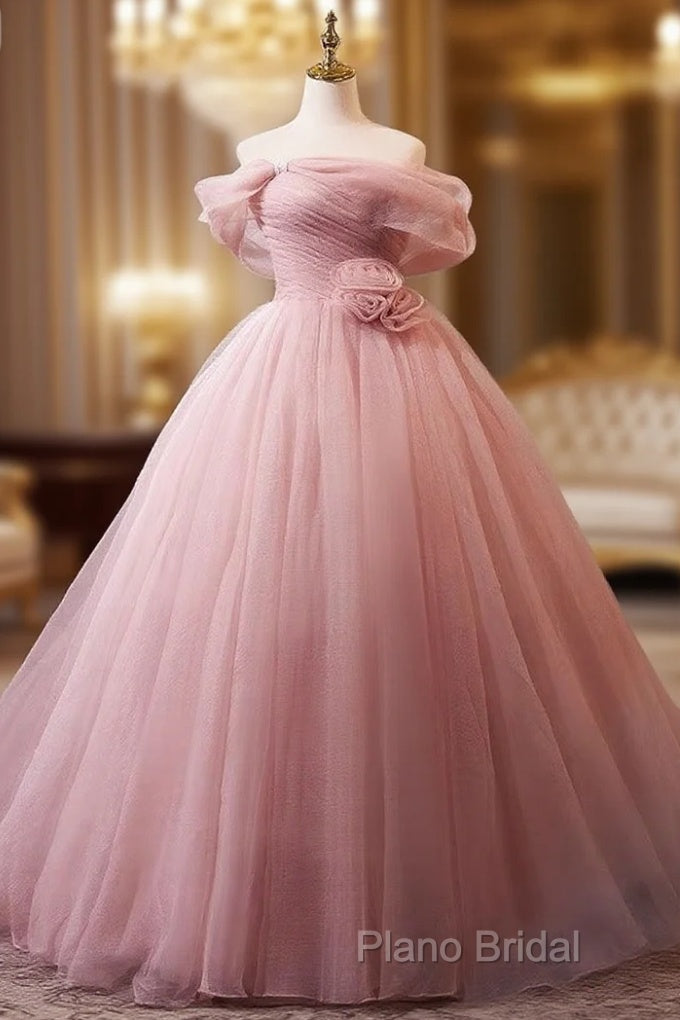 A-Line Off Shoulder Tulle Pink Long Formal Prom Dresses, Pink Long Formal Dresses Main image