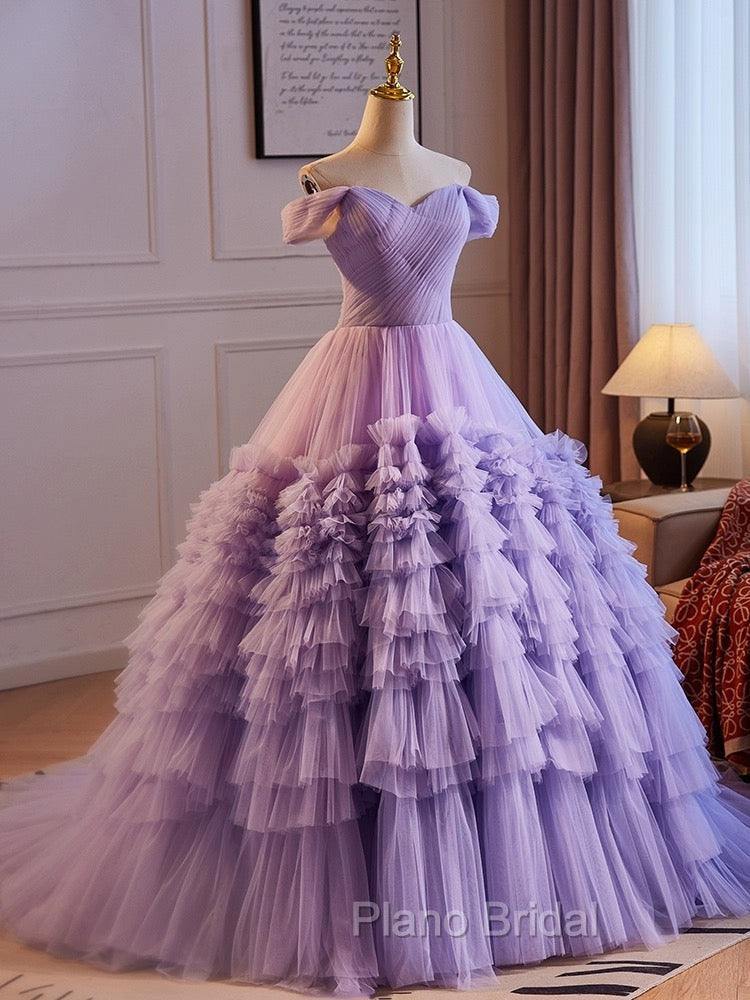 A-Line Off Shoulder Tulle Purple Long Formal Prom Dresses, Purple Long Evening Dresses