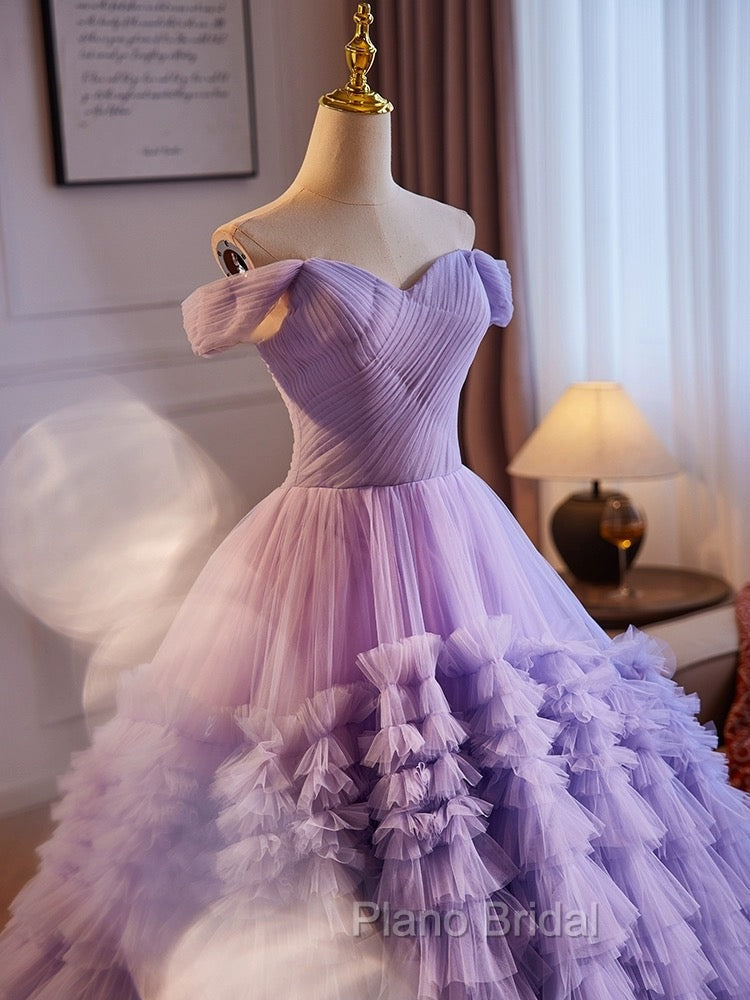 A-Line Off Shoulder Tulle Purple Long Formal Prom Dresses, Purple Long Evening Dresses