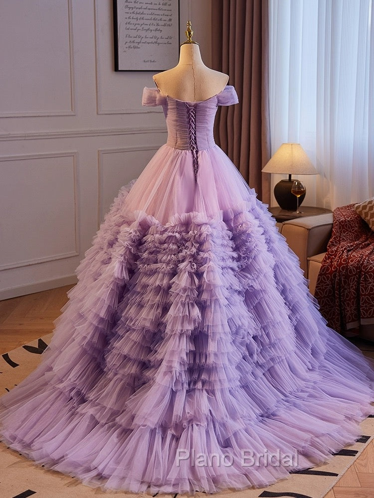 A-Line Off Shoulder Tulle Purple Long Formal Prom Dresses, Purple Long Evening Dresses