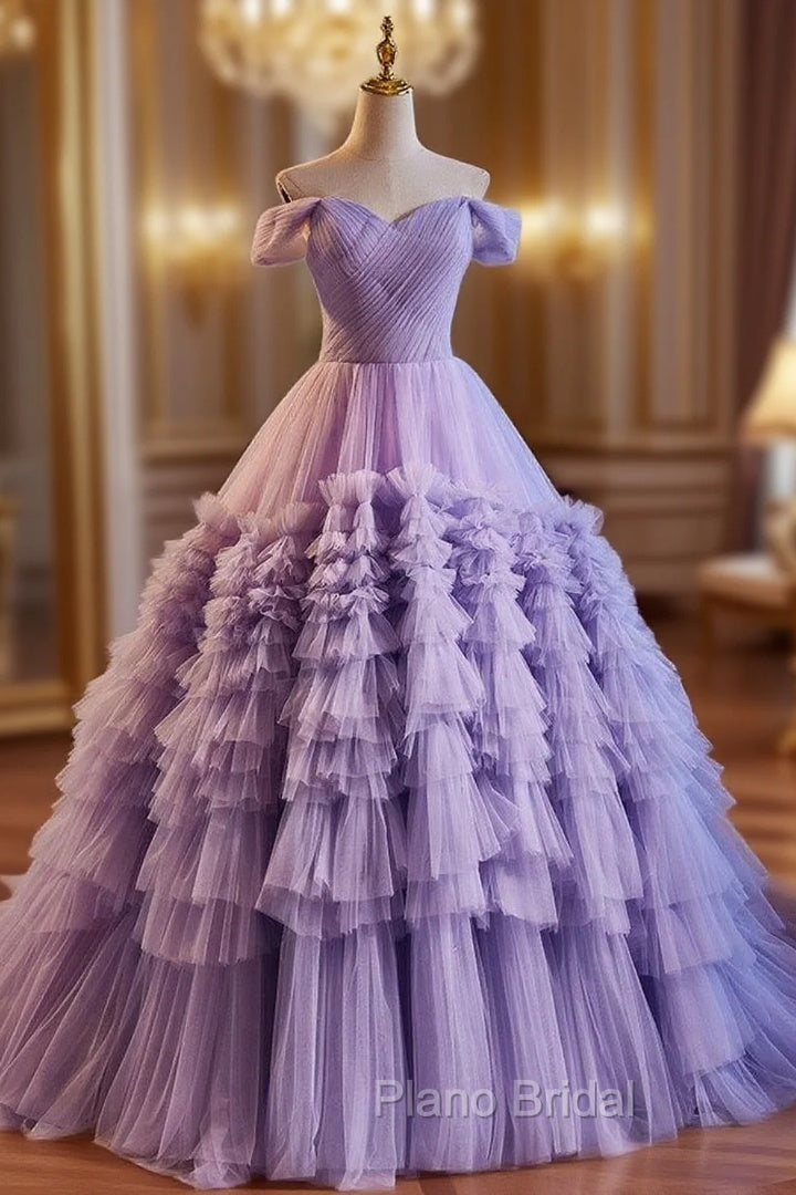 A-Line Off Shoulder Tulle Purple Long Formal Prom Dresses, Purple Long Evening Dresses Main image