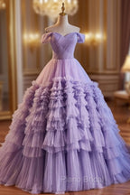 A-Line Off Shoulder Tulle Purple Long Formal Prom Dresses, Purple Long Evening Dresses