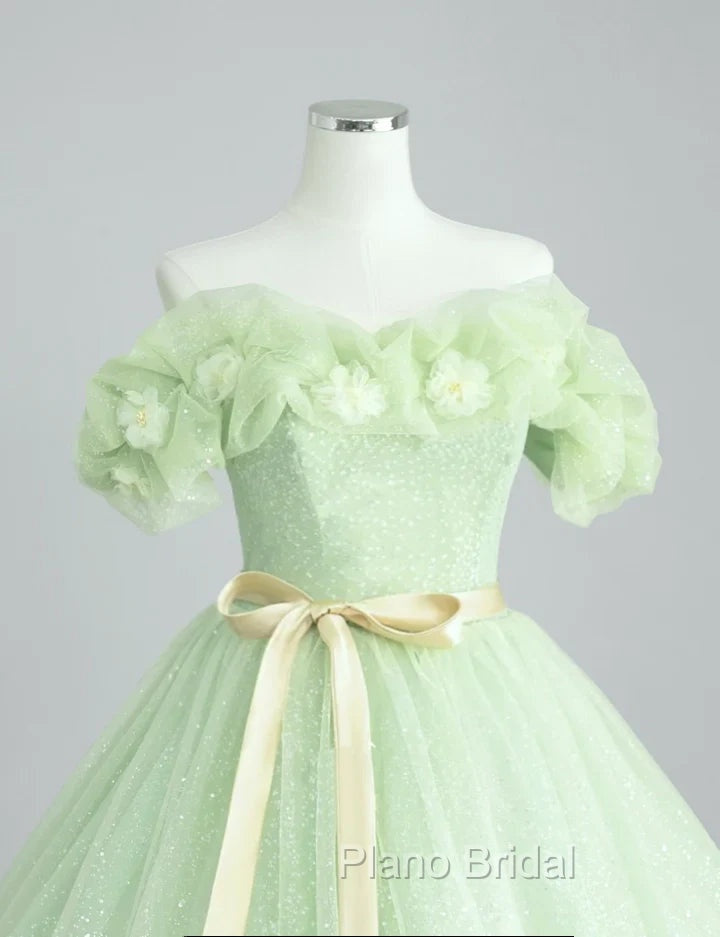 A-Line Off Shoulder Tulle Sage Green Long Formal Prom Dresses Secondary image