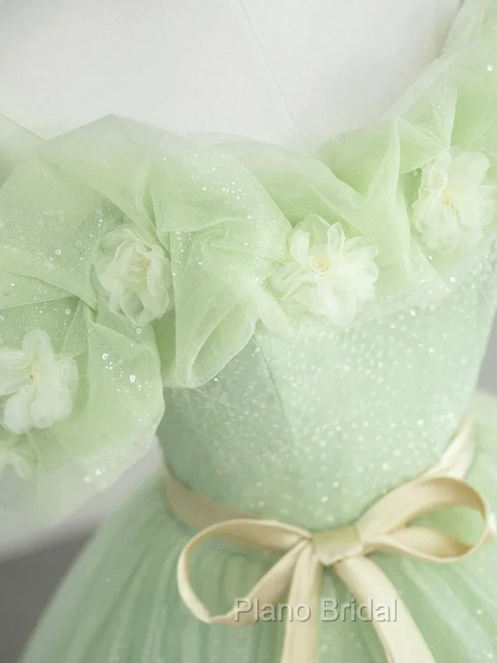 A-Line Off Shoulder Tulle Sage Green Long Formal Prom Dresses