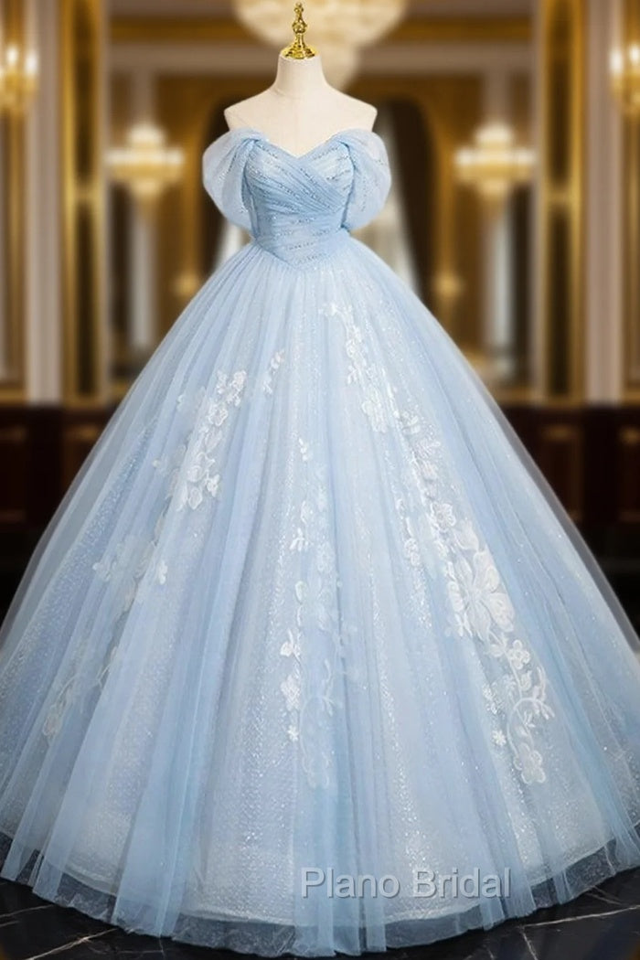 A-Line Off Shoulder Tulle Sequin Blue Long Formal Prom Dresses, Blue Sweet 16 Dresses Main image