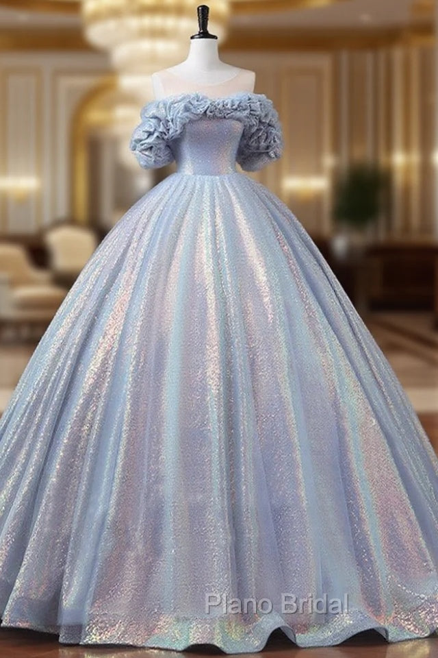 A-Line Off Shoulder Tulle Sequin Blue Purple Long Formal Prom Dresses, Sequin Formal Dresses