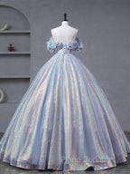 A-Line Off Shoulder Tulle Sequin Blue Purple Long Formal Prom Dresses, Sequin Formal Dresses