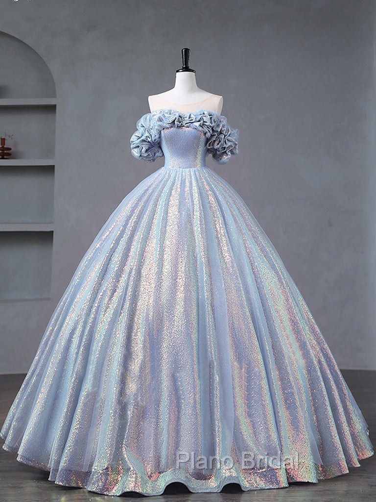 A-Line Off Shoulder Tulle Sequin Blue Purple Long Formal Prom Dresses, Sequin Formal Dresses Secondary image