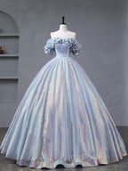 A-Line Off Shoulder Tulle Sequin Blue Purple Long Formal Prom Dresses, Sequin Formal Dresses