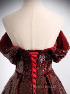 A-Line Off Shoulder Tulle Sequin Burgundy Long Formal Prom Dresses, Burgundy Evening Dresses