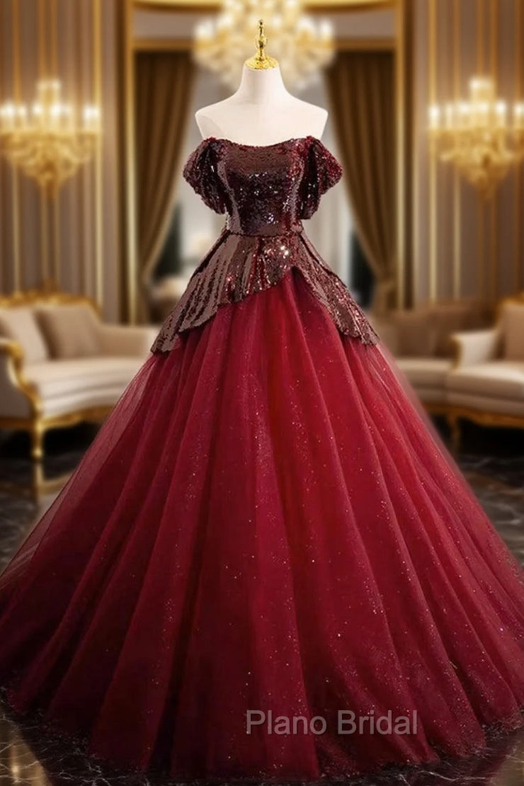 A-Line Off Shoulder Tulle Sequin Burgundy Long Formal Prom Dresses, Burgundy Evening Dresses Main image