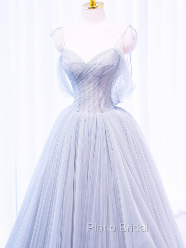 A-Line Off Shoulder Tulle Sequin Gray Long Formal Prom Dresses, Gray Tulle Formal Dresses