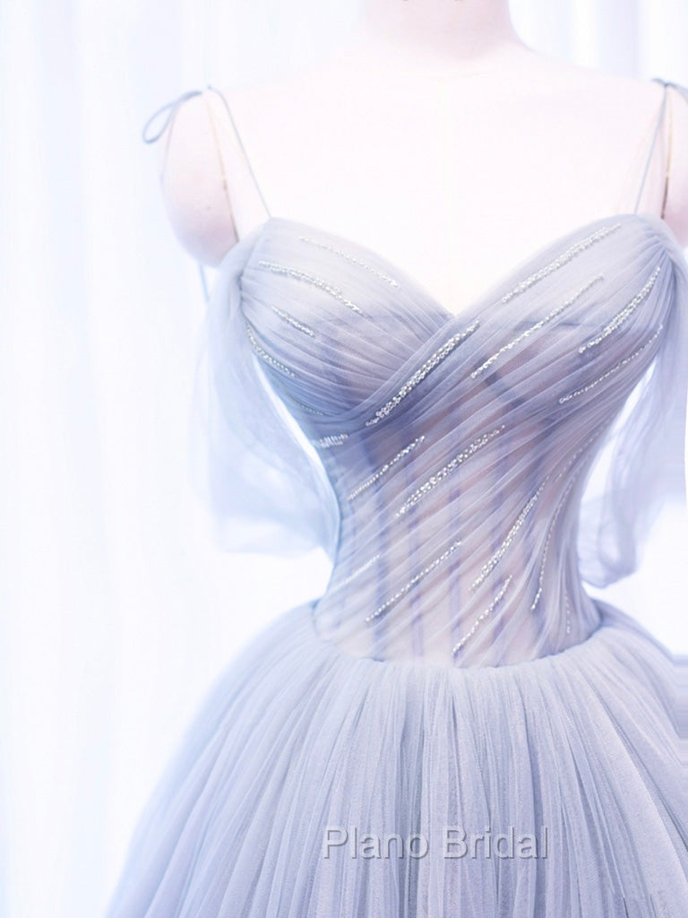 A-Line Off Shoulder Tulle Sequin Gray Long Formal Prom Dresses, Gray Tulle Formal Dresses