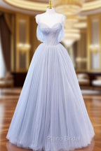 A-Line Off Shoulder Tulle Sequin Gray Long Formal Prom Dresses, Gray Tulle Formal Dresses
