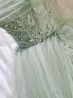 A-Line Off Shoulder Tulle Sequin Green Long Formal Prom Dresses, Green Formal Dresses