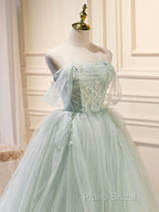 A-Line Off Shoulder Tulle Sequin Green Long Formal Prom Dresses, Green Formal Dresses