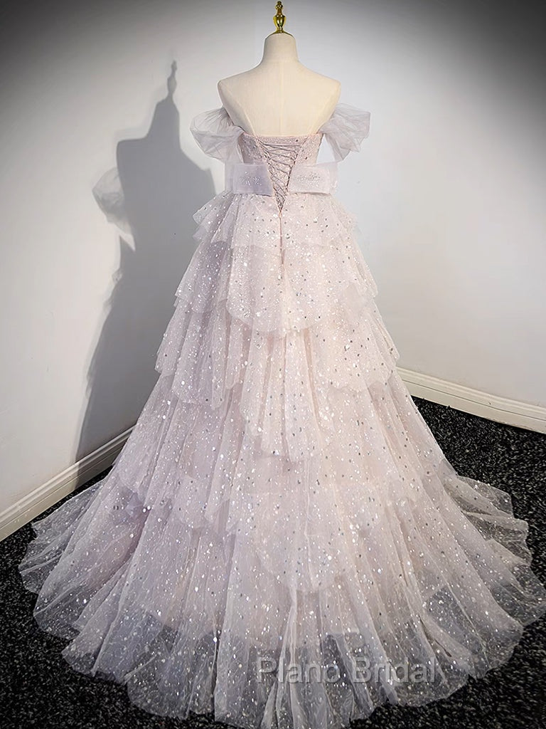 A-line Off Shoulder Tulle Sequin Light Pink Long Formal Prom Dresses,Sequin Long Evening Dresses Secondary image