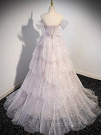 A-line Off Shoulder Tulle Sequin Light Pink Long Formal Prom Dresses,Sequin Long Evening Dresses