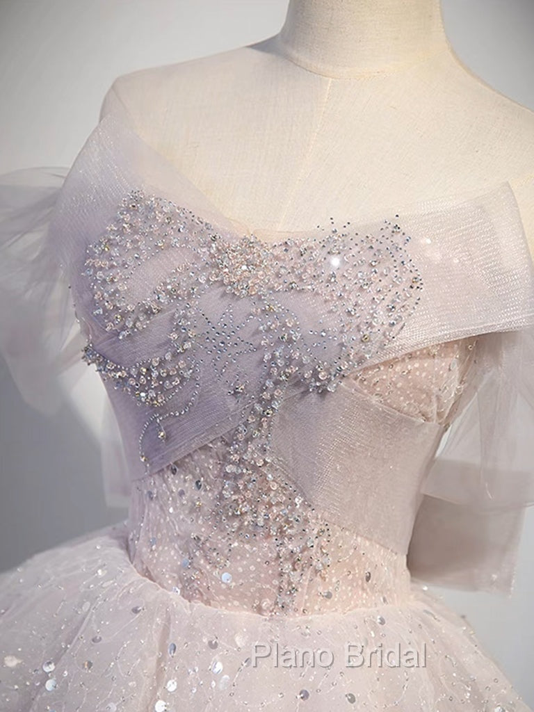 A-line Off Shoulder Tulle Sequin Light Pink Long Formal Prom Dresses,Sequin Long Evening Dresses
