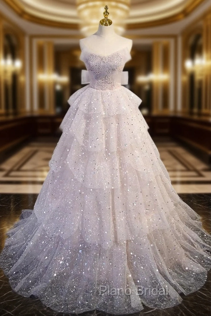 A-line Off Shoulder Tulle Sequin Light Pink Long Formal Prom Dresses,Sequin Long Evening Dresses Main image
