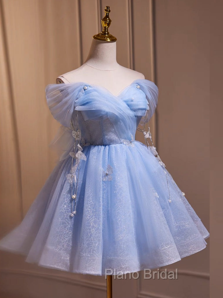 A-Line Off Shoulder Tulle Short Blue Formal Prom Dresses, Cute Blue Homecoming Dresses