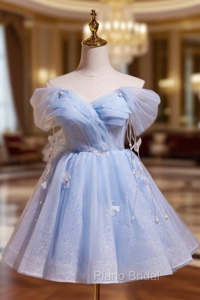 A-Line Off Shoulder Tulle Short Blue Formal Prom Dresses, Cute Blue Homecoming Dresses