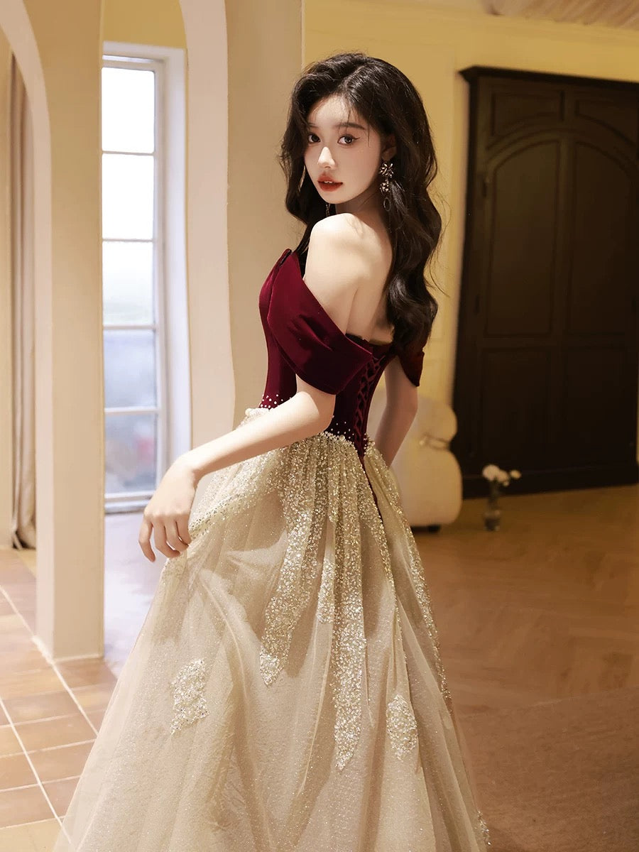 A-Line Off Shoulder Tulle Velvet Floor Length Champagne Formal Prom Dresses With Sequin Secondary image
