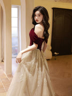 A-Line Off Shoulder Tulle Velvet Floor Length Champagne Formal Prom Dresses With Sequin